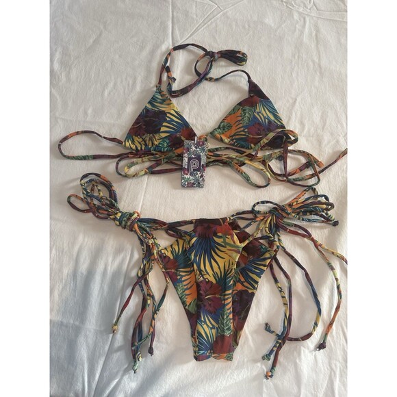 Sexy Tropical Skimpy Floral Strappy Cutout Bikini Swimsuit‎ Set Sz Small NWT - Picture 1 of 8